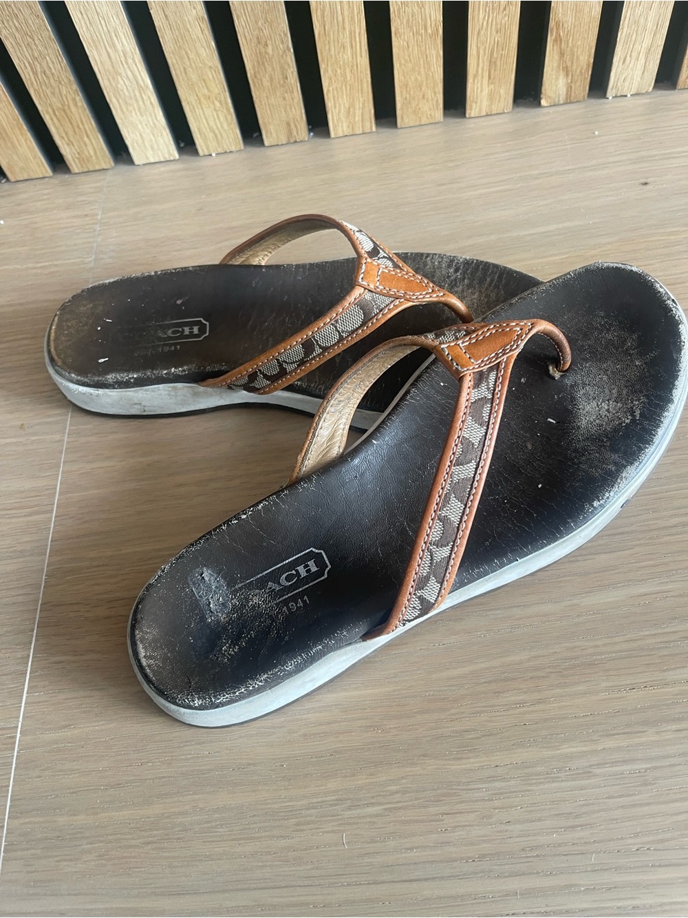 Coach Brown and Black Signature Strap Thong Sandals